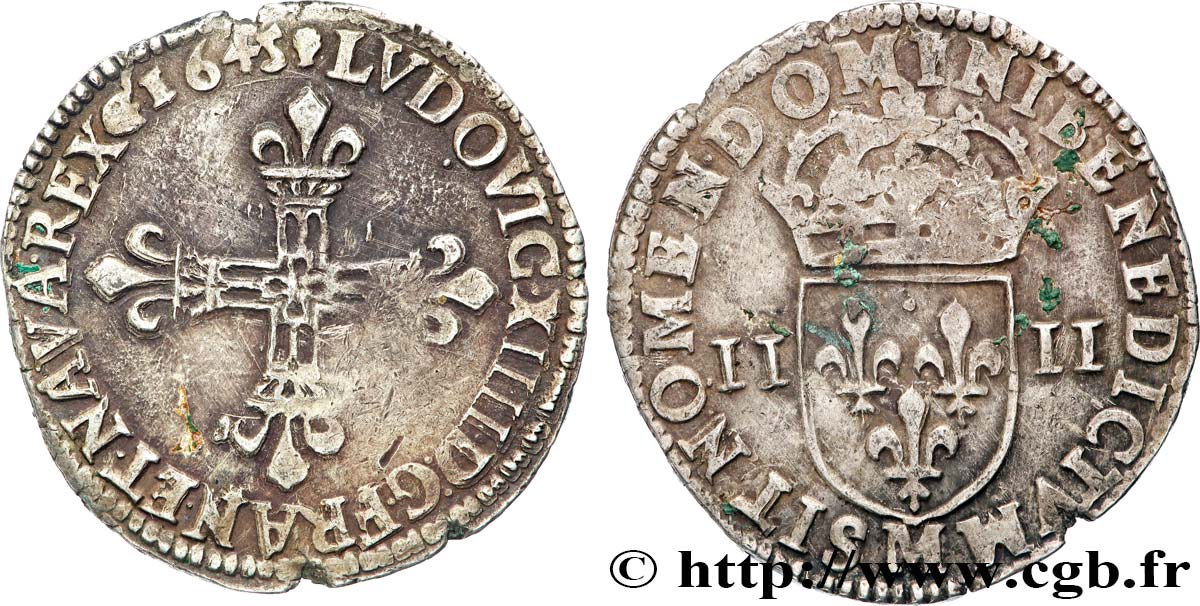 LOUIS XIV LE GRAND OU LE ROI SOLEIL Quart d écu, titulature côté croix 1645 Toulouse TTB/TB+