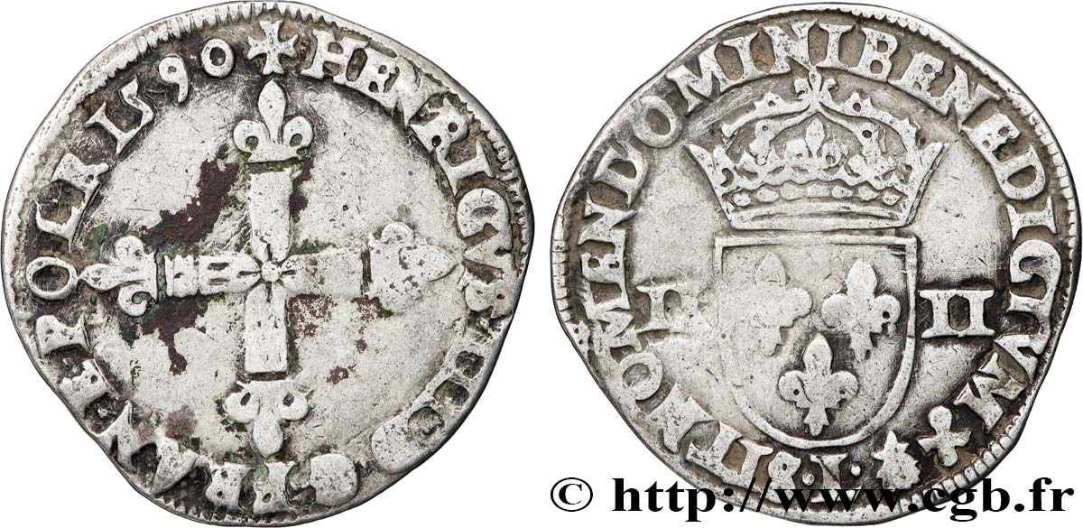 LA LIGUE. MONNAYAGE AU NOM D HENRI III Quart d écu, croix de face 1590 Bayonne TB+