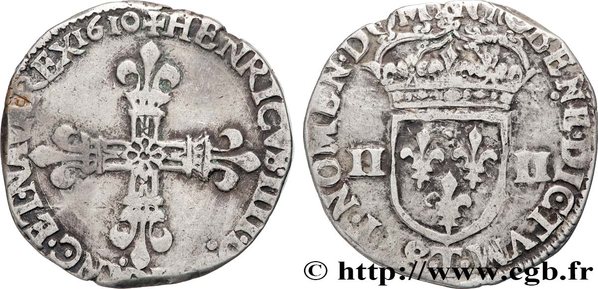 HENRI IV LE GRAND Quart d écu, croix bâtonnée et fleurdelisée de face 1610 Nantes TTB/TB+