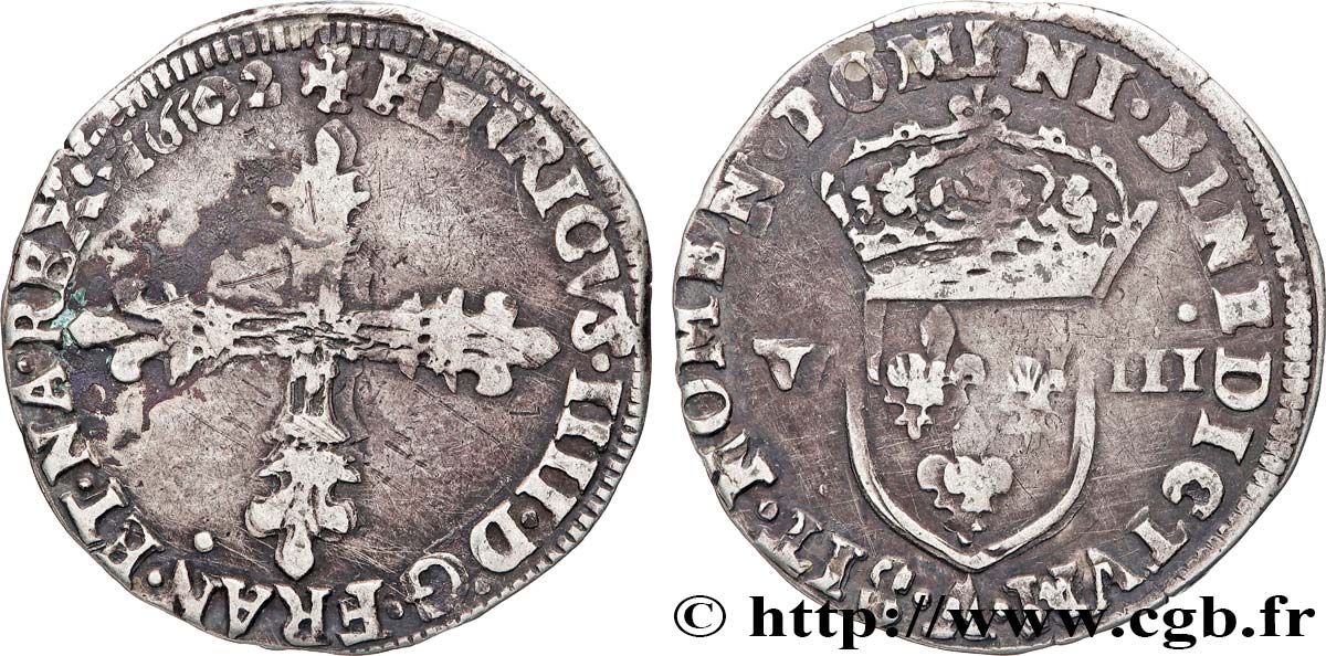 HENRI IV LE GRAND Huitième d écu, croix fleurdelisée de face 1602 Paris TB+