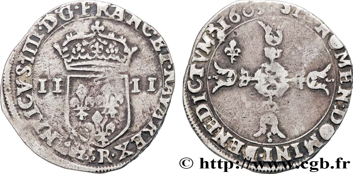HENRI IV LE GRAND Quart d’écu, écu de face, 4e type 1603 Saint-André de Villeneuve-lès-Avignon TB+