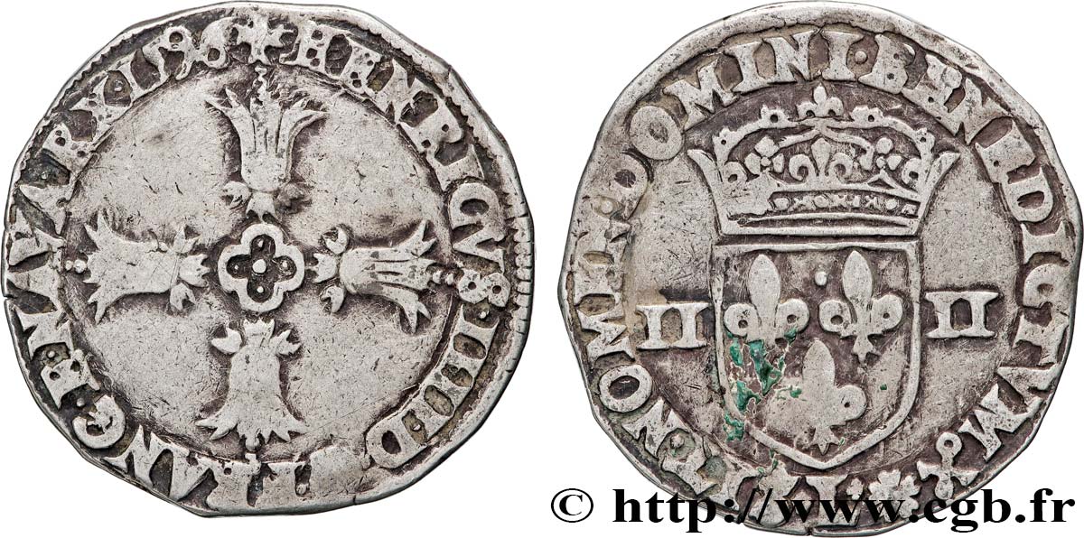 HENRI IV LE GRAND Quart d écu, croix feuillue de face 1596 Bayonne TB+
