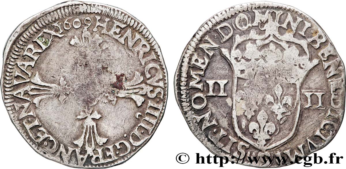HENRI IV LE GRAND Quart d écu, croix feuillue de face 1606 Rennes TB+