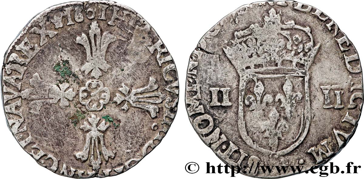 HENRI IV LE GRAND Quart d écu, croix feuillue de face 1601 Rennes TB+