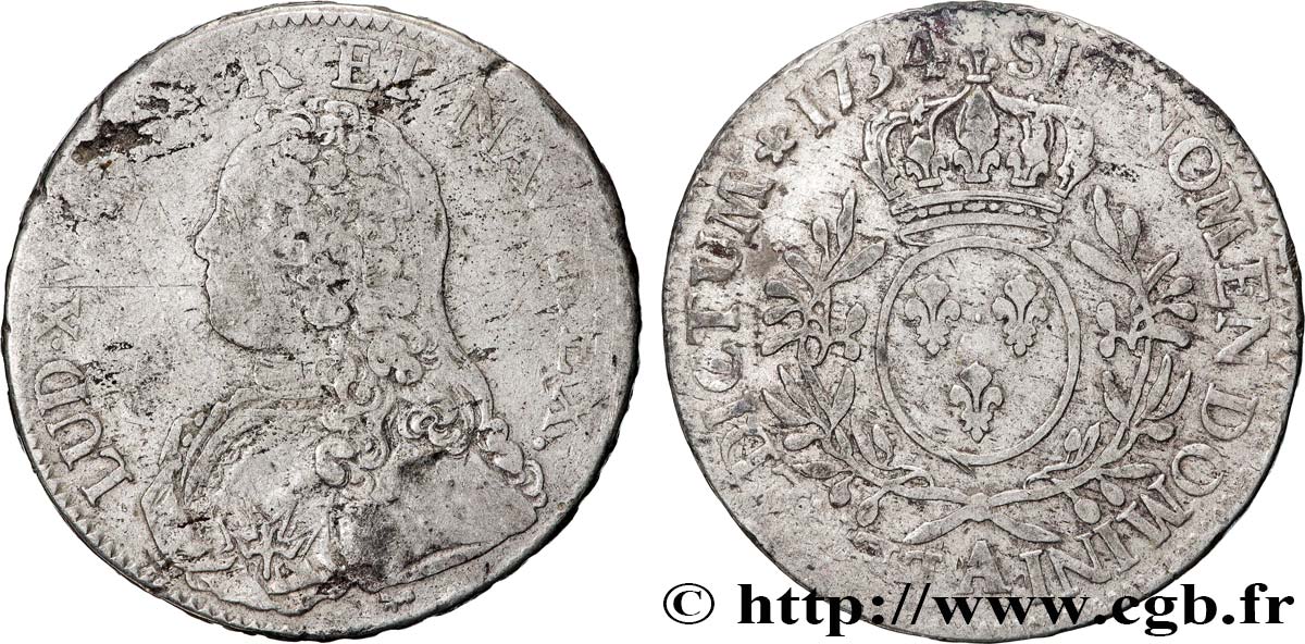 LOUIS XV DIT LE BIEN AIMÉ Écu aux branches d olivier, buste habillé 1734 Paris TB+/TTB