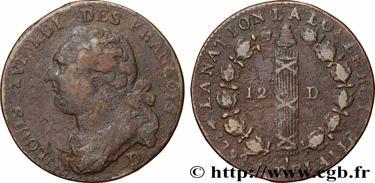 LOUIS XVI (MONARQUE CONSTITUTIONNEL)  12 deniers dit  au faisceau , type FRANCOIS 1792 Lyon TB+