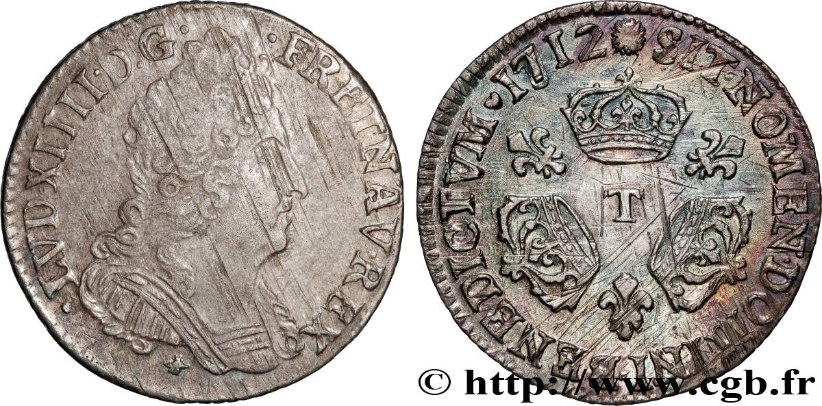 LOUIS XIV  THE SUN KING  Dixième d écu aux trois couronnes 1712 Nantes BB/q.SPL
