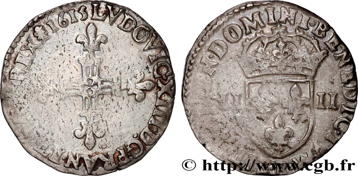 LOUIS XIII LE JUSTE Quart d écu, à la croix fleurdelisée, titulature côté croix 1615 Rouen TB