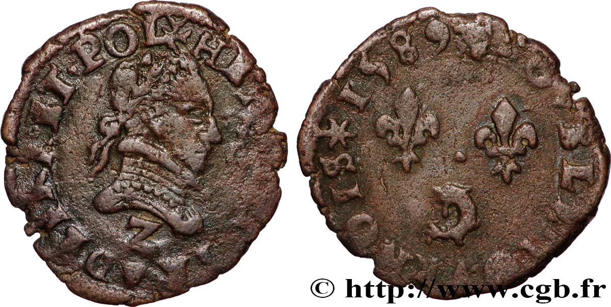 HENRY III Double tournois, 2e type du Dauphiné 1589 Grenoble fSS/S