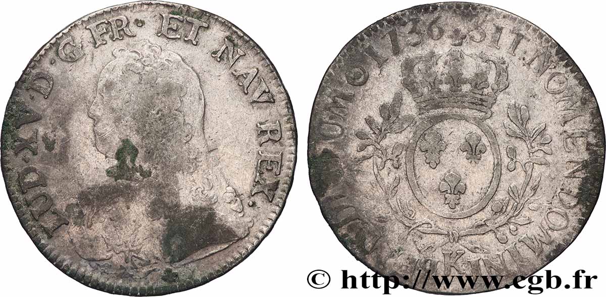 LOUIS XV DIT LE BIEN AIMÉ Écu aux branches d olivier, buste habillé 1736 Bordeaux TB