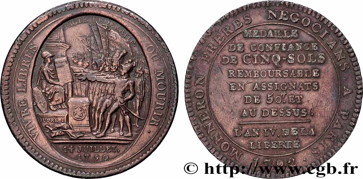 CONFIANCE (MONNAIES DE...) Monneron de 5 sols au serment (An IV), 3e type 1792 Birmingham, Soho TTB+