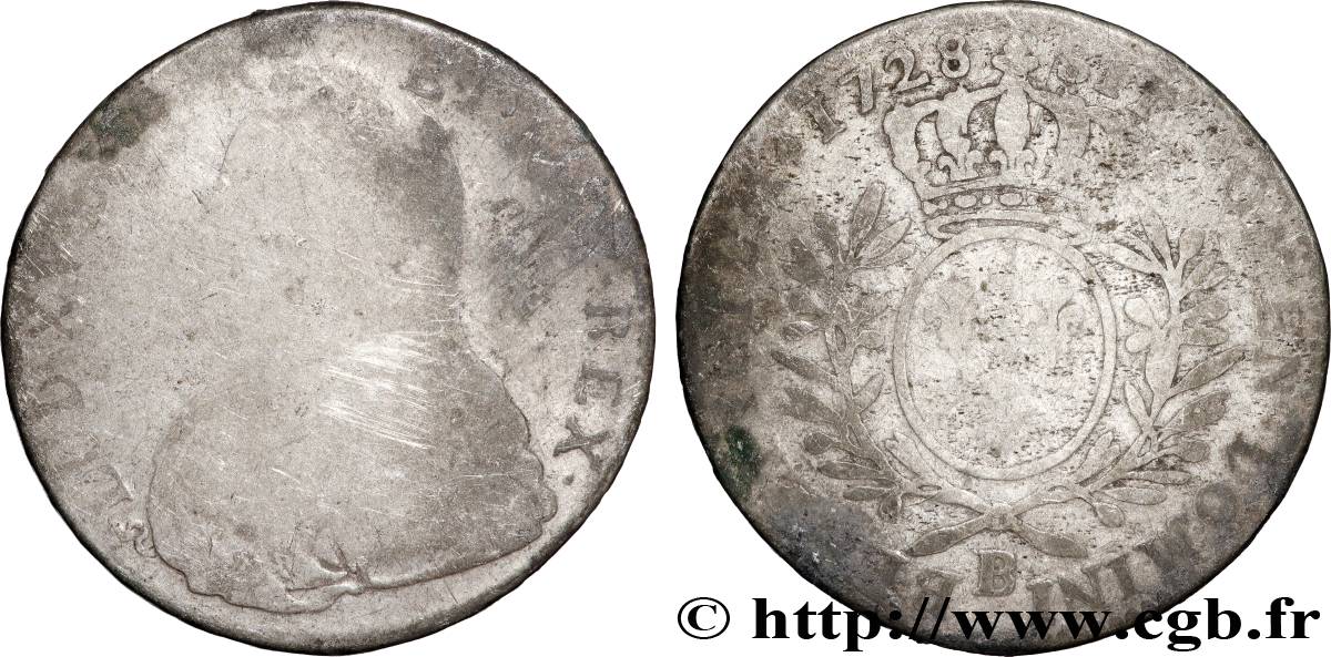 LOUIS XV DIT LE BIEN AIMÉ Demi-écu aux branches d olivier, buste habillé 1728 Rouen B+