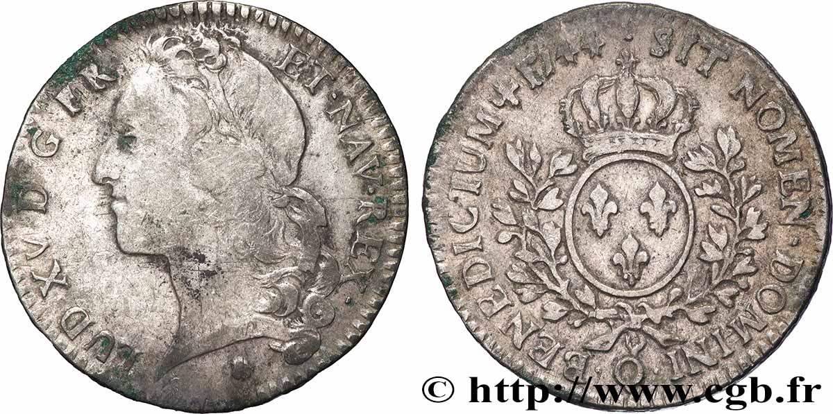 LOUIS XV DIT LE BIEN AIMÉ Demi-écu aux branches d’olivier, tête ceinte d’un bandeau 1744 Perpignan TB/TB+