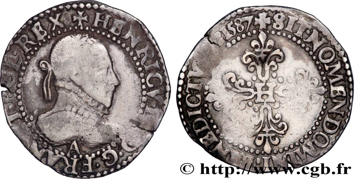 HENRI III Demi-franc au col gaufré 1587 Paris TB+