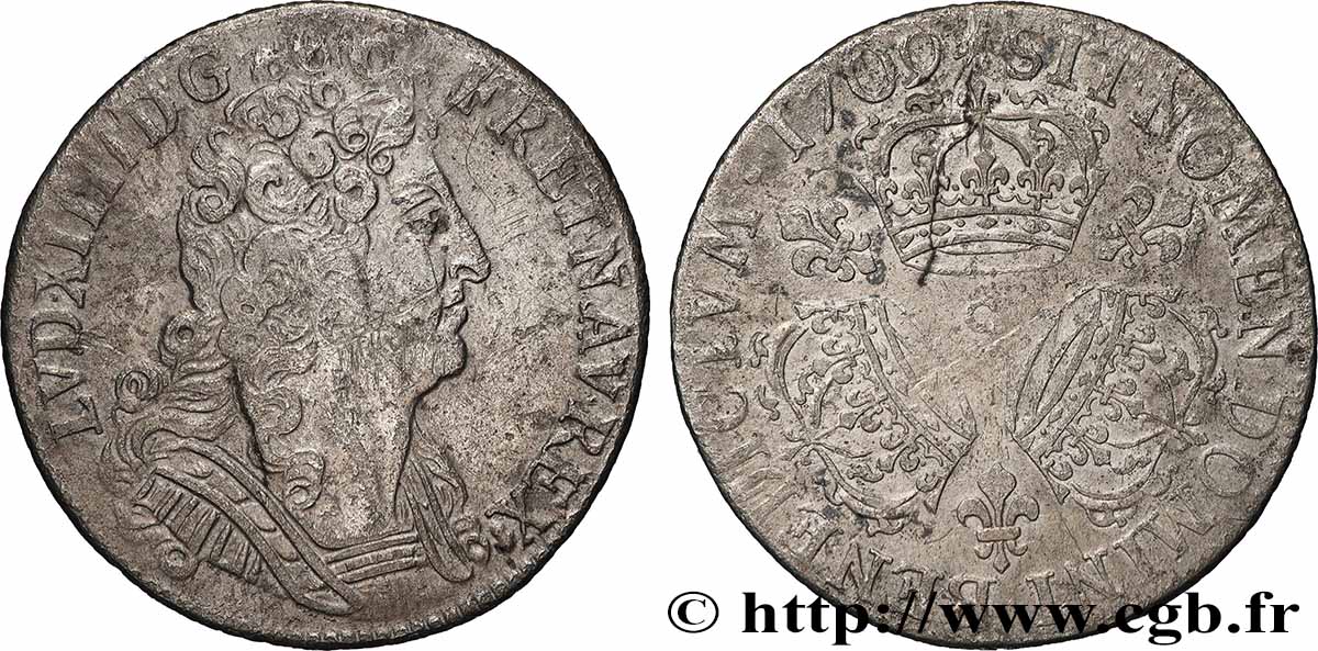 LOUIS XIV LE GRAND OU LE ROI SOLEIL Quart d écu aux trois couronnes 1709 Reims TB+
