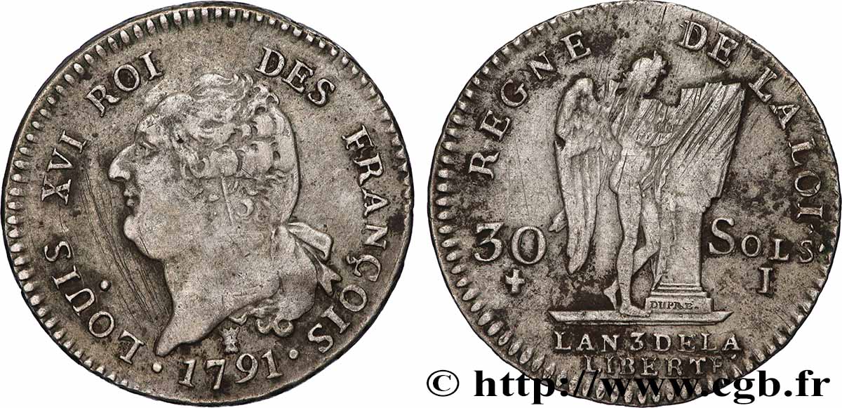 LOUIS XVI (MONARQUE CONSTITUTIONNEL)  30 sols dit  au génie , type FRANÇOIS 1791 Limoges TTB