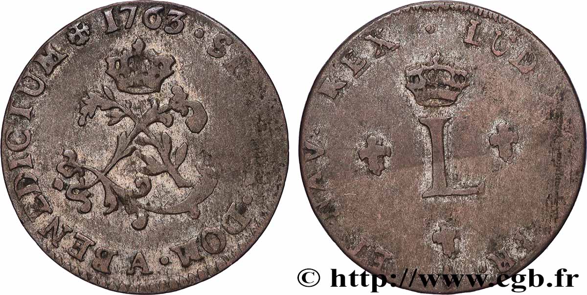 LOUIS XV DIT LE BIEN AIMÉ Double sol de billon 1763 Paris TB+