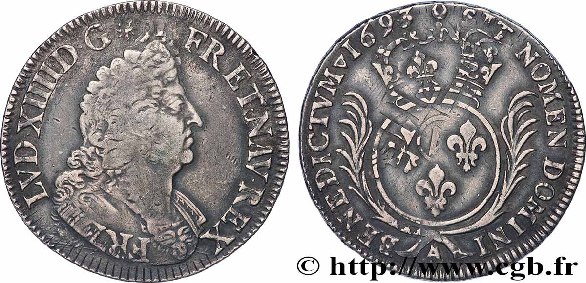 LOUIS XIV LE GRAND OU LE ROI SOLEIL Écu aux palmes 1693 Paris TB+/TTB