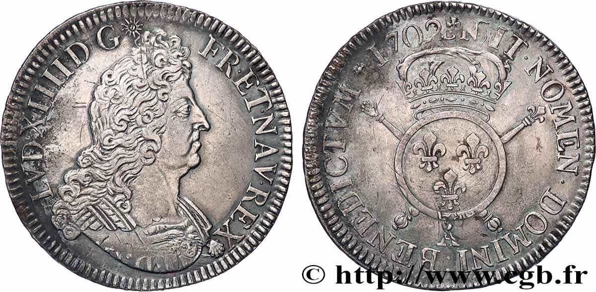 LOUIS XIV LE GRAND OU LE ROI SOLEIL Écu aux insignes 1702 Paris TTB+/TTB