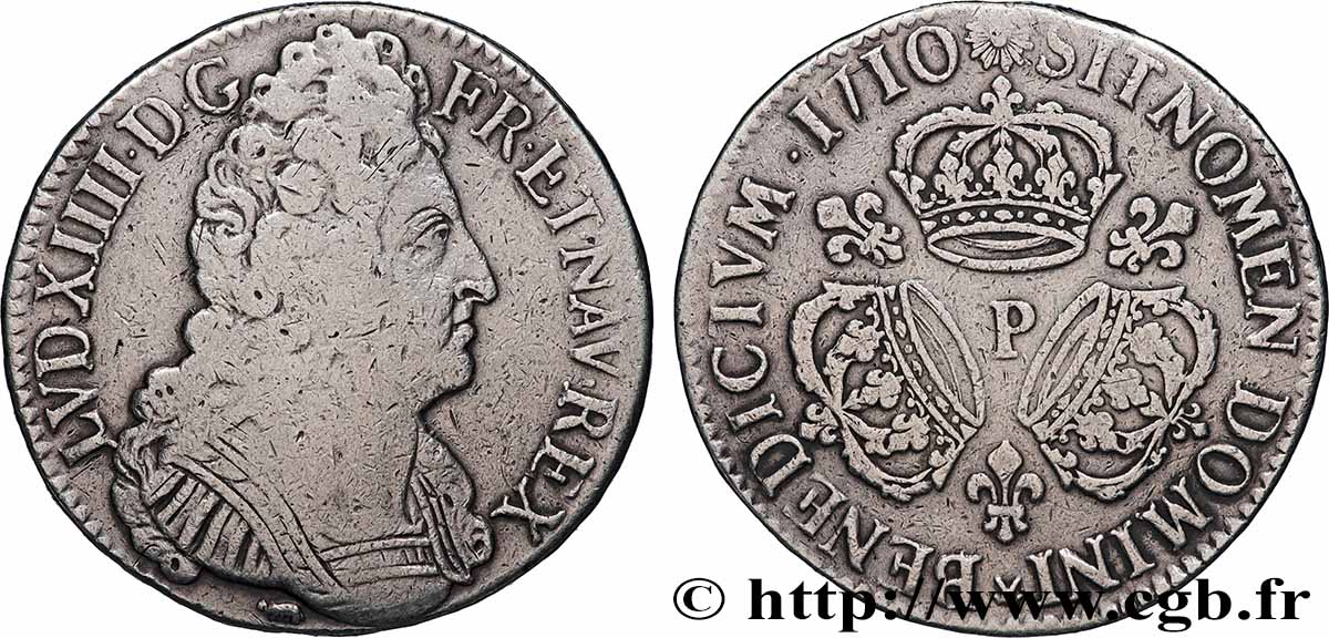 LOUIS XIV  THE SUN KING  Écu aux trois couronnes 1710 Dijon F/VF