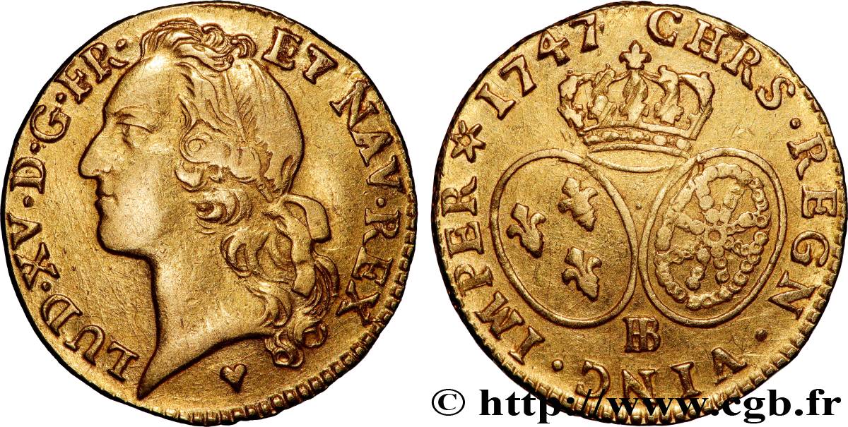 LOUIS XV  THE WELL-BELOVED  Louis d’or aux écus ovales, tête ceinte d’un bandeau 1747 Strasbourg XF