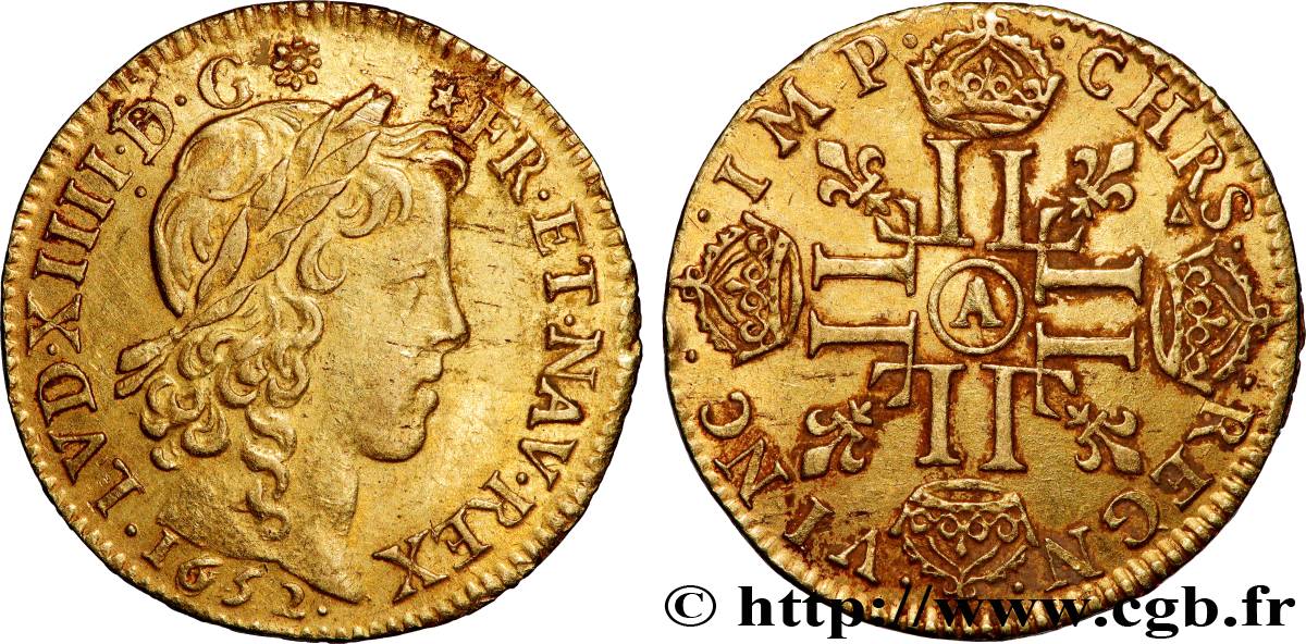 LOUIS XIV  THE SUN KING  Louis d’or aux huit L, portrait à la mèche longue 1652 Paris XF