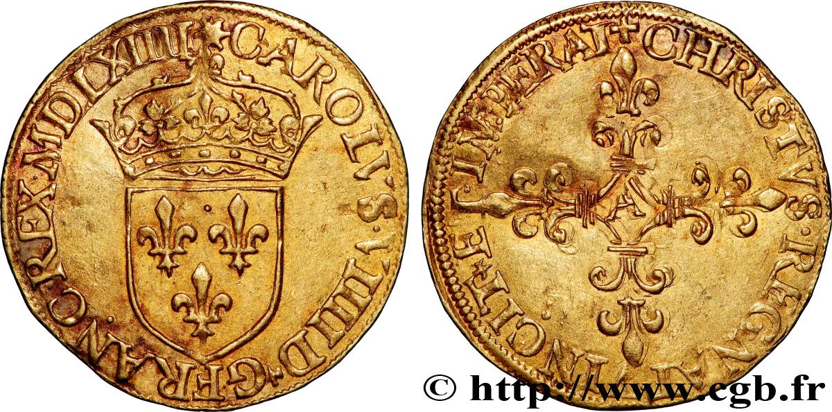CHARLES IX Écu d or au soleil, 1er type 1564 Paris XF