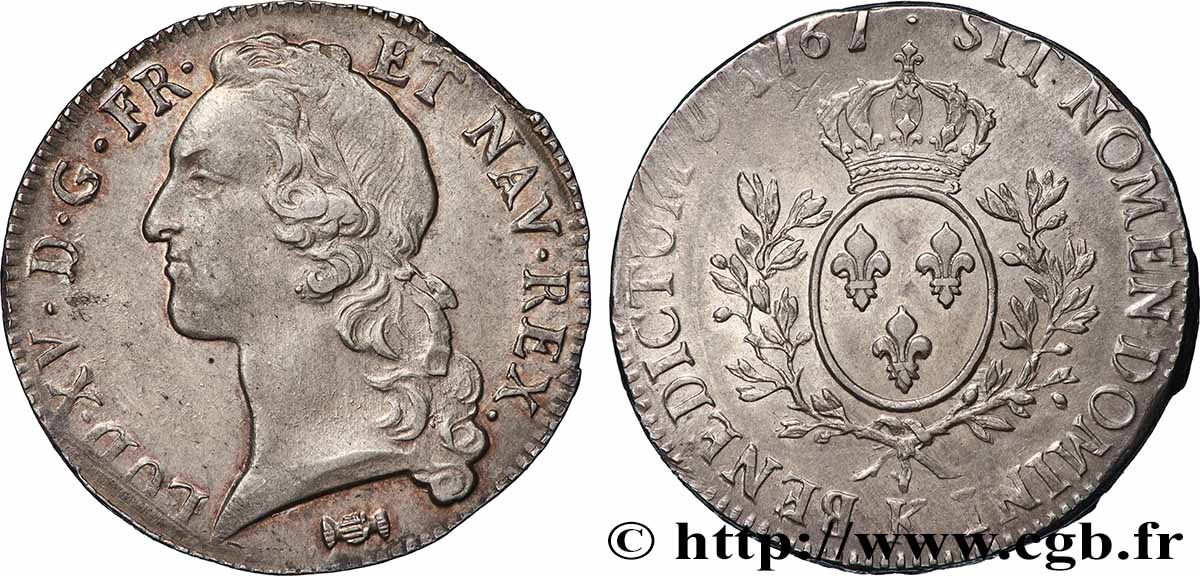 LOUIS XV THE BELOVED Écu aux branches d’olivier, tête ceinte d’un bandeau 1767 Bordeaux AU