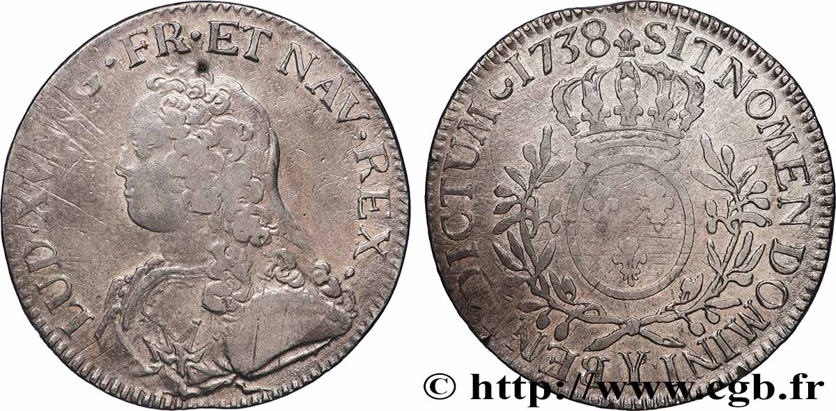 LOUIS XV DIT LE BIEN AIMÉ Écu aux branches d olivier, buste habillé 1738 Bourges TB+/TTB