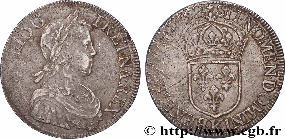 LOUIS XIV  THE SUN KING  Écu, portrait à la mèche longue 1652 Bordeaux XF