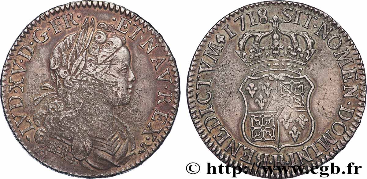 LOUIS XV THE BELOVED Écu dit  de France-Navarre  1718 Rouen XF/AU