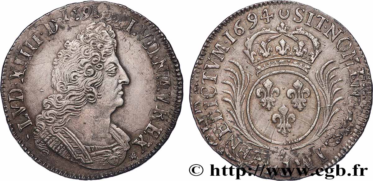 LOUIS XIV  THE SUN KING  Demi-écu aux palmes 1694 La Rochelle AU/XF