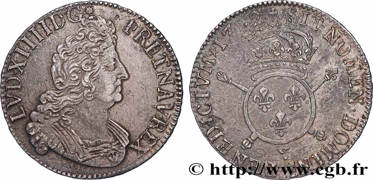 LOUIS XIV LE GRAND OU LE ROI SOLEIL Demi-écu aux insignes 1702 Amiens TTB
