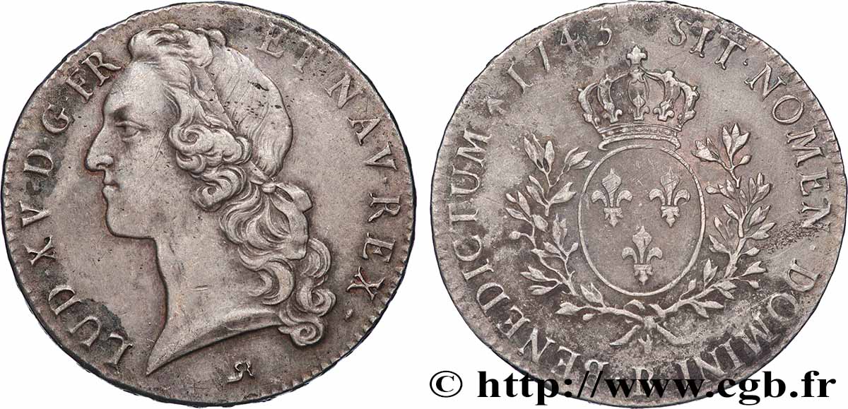 LOUIS XV THE BELOVED Écu aux branches d’olivier, tête ceinte d’un bandeau 1743 Rouen XF