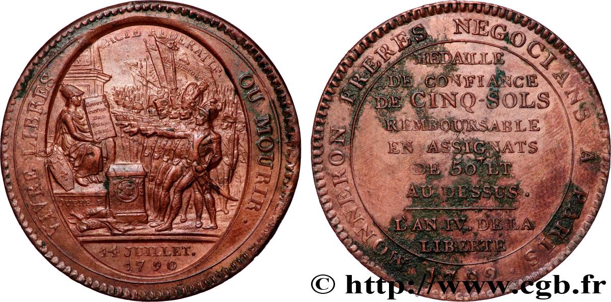 REVOLUTION COINAGE Monneron de 5 sols au serment (An IV), 3e type 1792 Birmingham, Soho EBC/MBC+