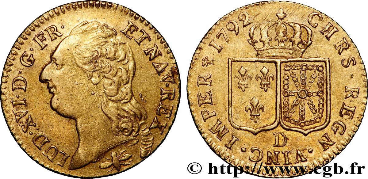 LOUIS XVI Louis d or aux écus accolés 1792 Lyon AU/AU