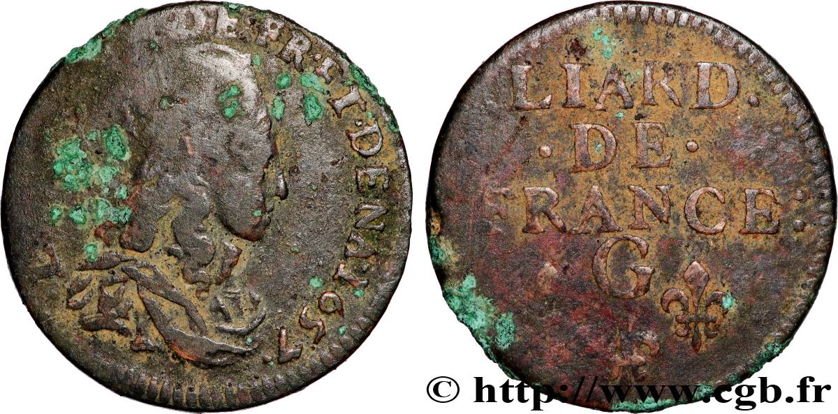 LOUIS XIV  THE SUN KING  Liard de cuivre, 2e type 1657 Lusignan fSS