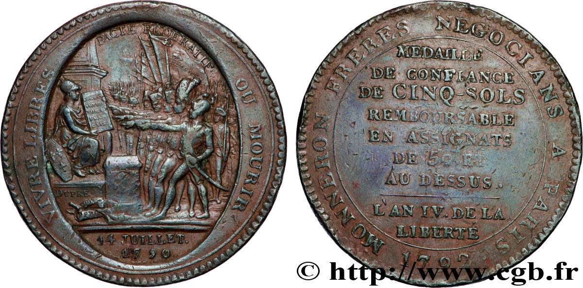 CONFIANCE (MONNAIES DE...) Monneron de 5 sols au serment (An IV), 3e type 1792 Birmingham, Soho TTB