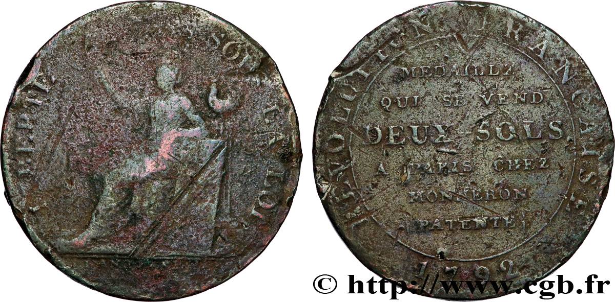 REVOLUTION COINAGE / CONFIANCE (MONNAIES DE…) Monneron de 2 sols à la Liberté 1792 Birmingham, Soho VG/VF