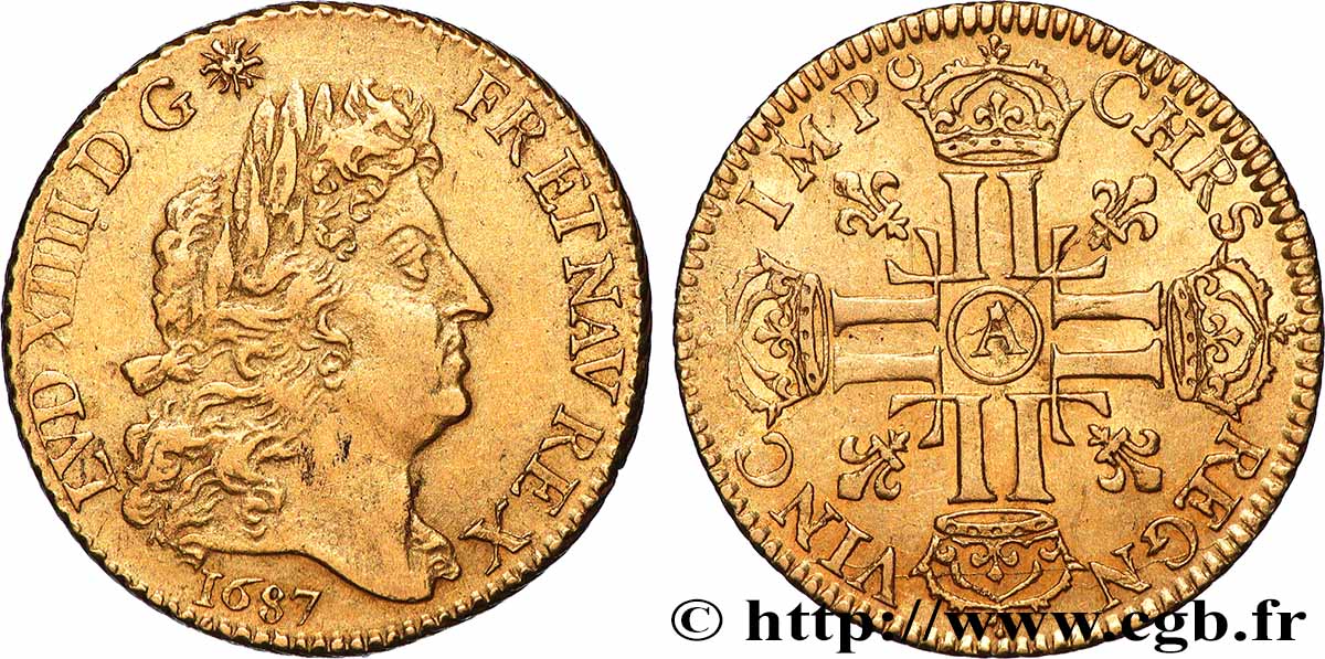 LOUIS XIV LE GRAND OU LE ROI SOLEIL Louis d’or aux huit L, portrait à la tête âgée et laurée 1687 Paris