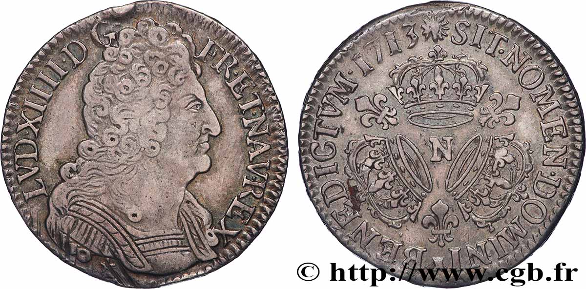 LOUIS XIV  THE SUN KING  Demi-écu aux trois couronnes 1713 Montpellier XF/AU
