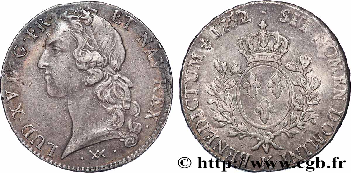 LOUIS XV THE BELOVED Écu aux branches d’olivier, tête ceinte d’un bandeau 1752 Bordeaux XF