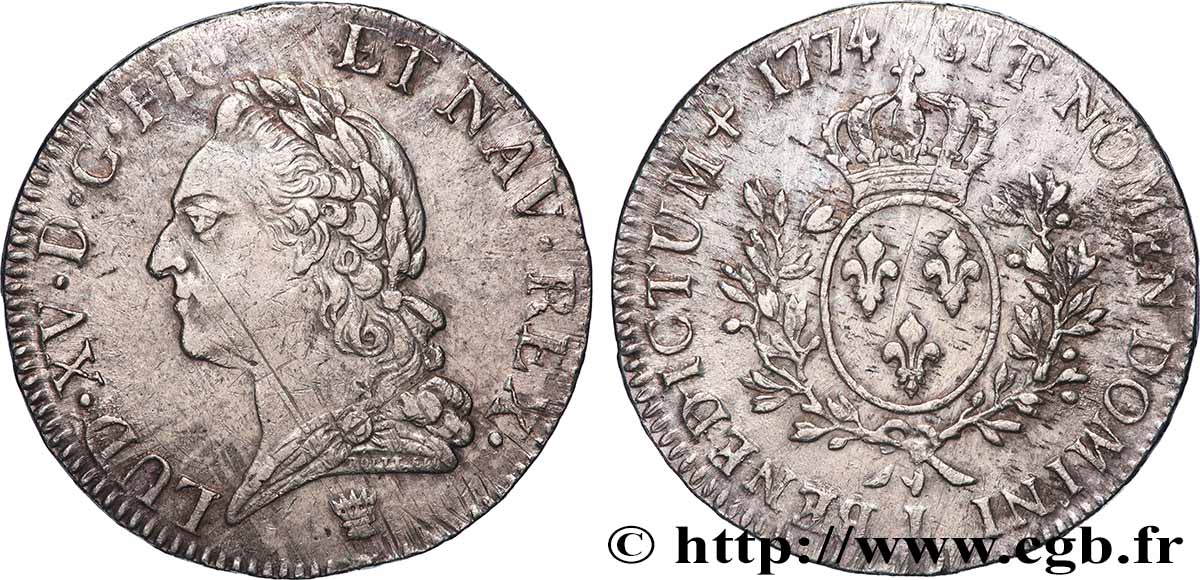 LOUIS XV THE BELOVED Écu aux branches d’olivier, buste lauré 1774 Limoges XF/AU