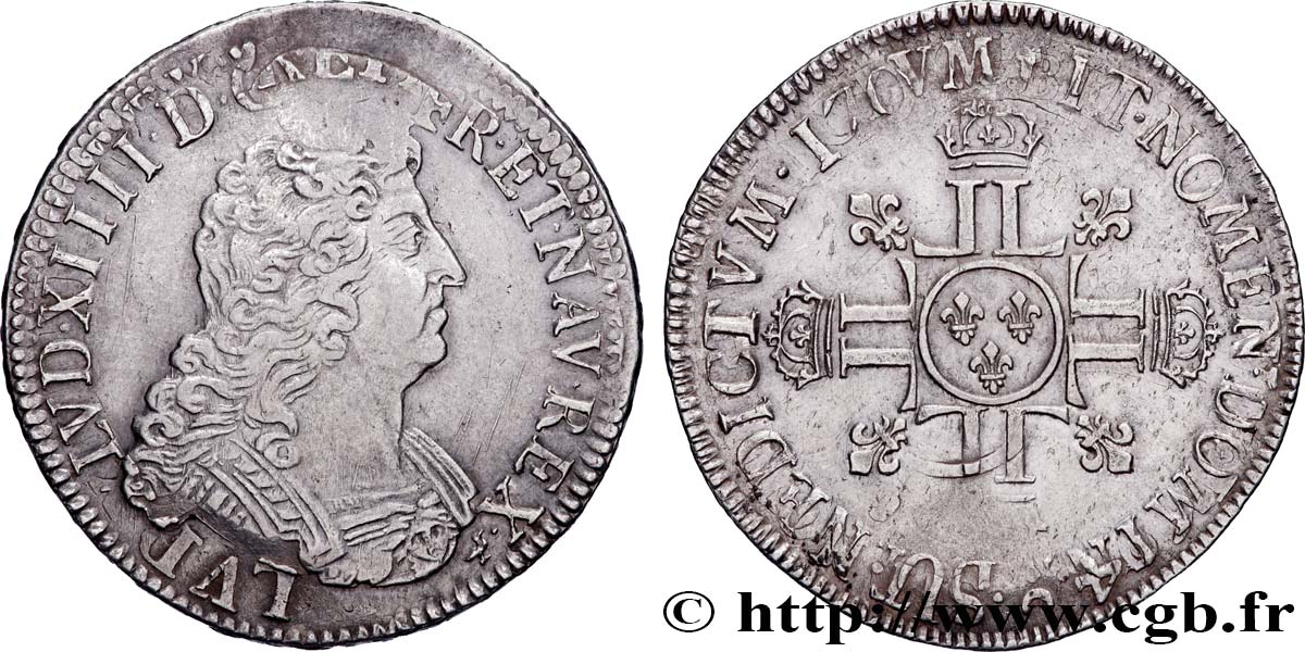 LOUIS XIV  THE SUN KING  Écu aux huit L, 2e type 1704 Rennes AU