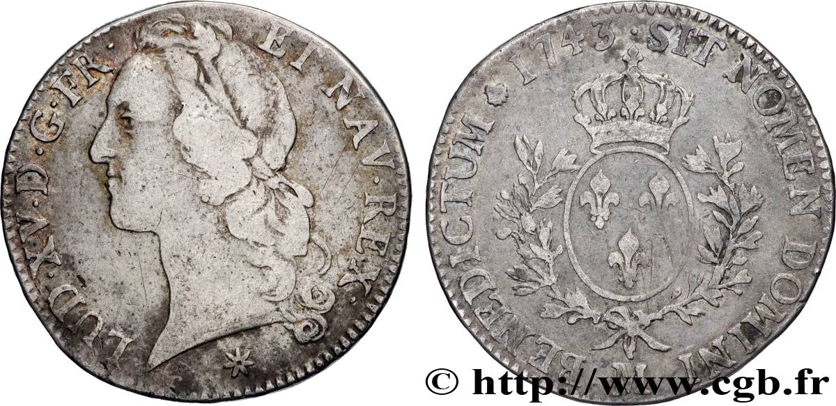 LOUIS XV THE BELOVED Écu aux branches d’olivier, tête ceinte d’un bandeau 1743 Toulouse VF