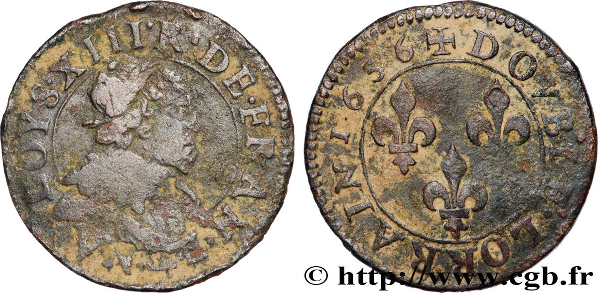 LOUIS XIII LE JUSTE Double lorrain, type 9 1636 Stenay TB/TB+