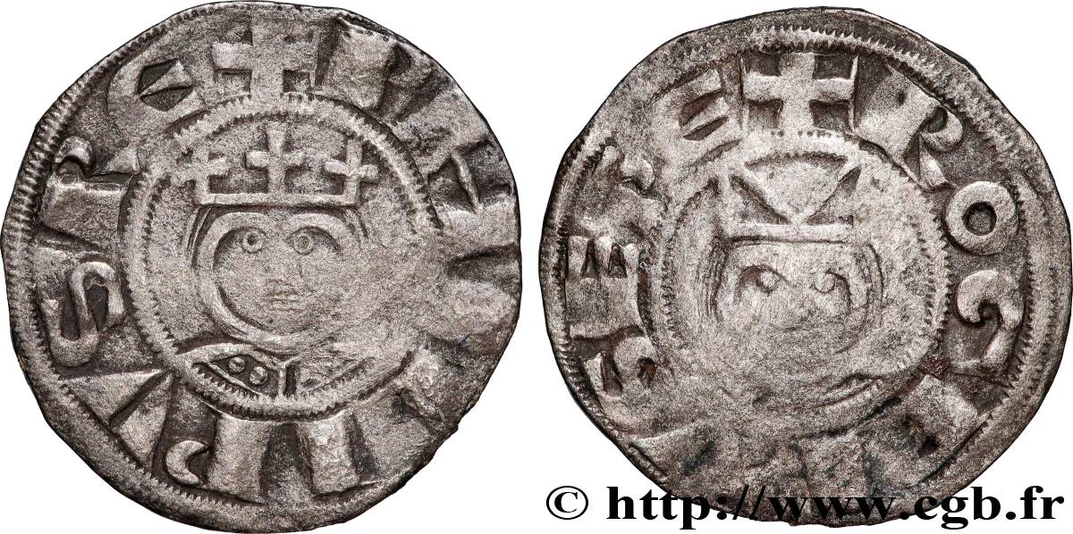 PHILIPPE II AUGUSTE ET ROGER II DE ROSOI Denier s.m. Laon TB+