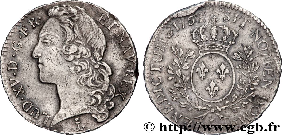 LOUIS XV THE BELOVED Demi-écu aux branches d’olivier, tête ceinte d’un bandeau 1751 Dijon XF