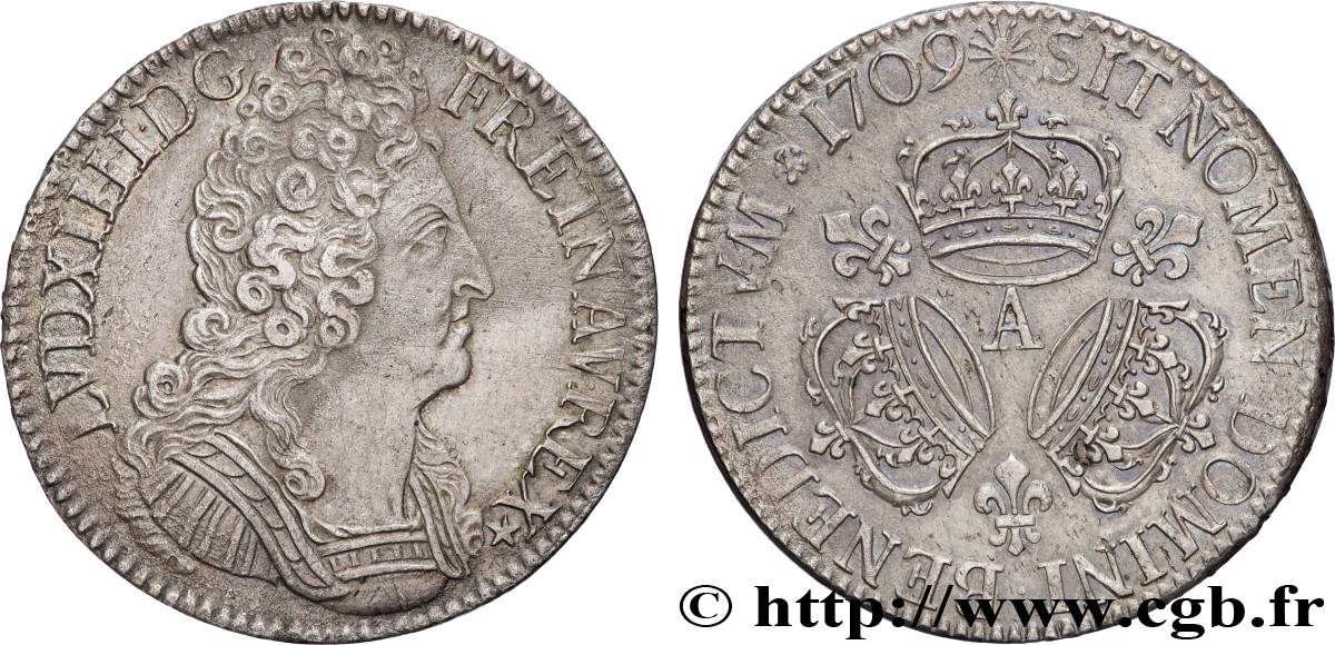 LOUIS XIV  THE SUN KING  Écu aux trois couronnes 1709 Paris AU