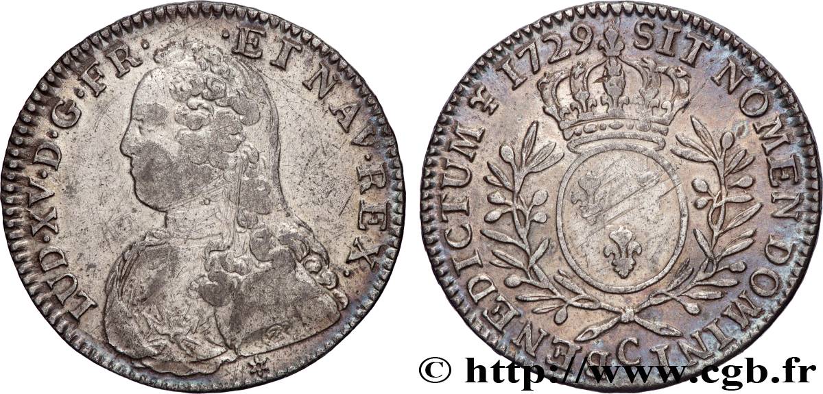 LOUIS XV THE BELOVED Demi-écu aux branches d olivier, buste habillé 1729 Caen VF/XF